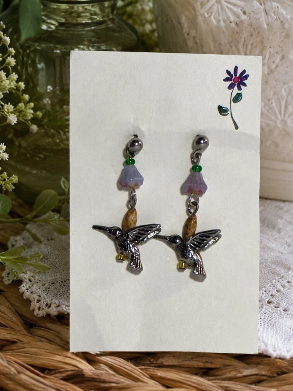 Handmade Hummingbird Dangle Earrings | Silver Tone Bird Charm Floral Beaded Boho